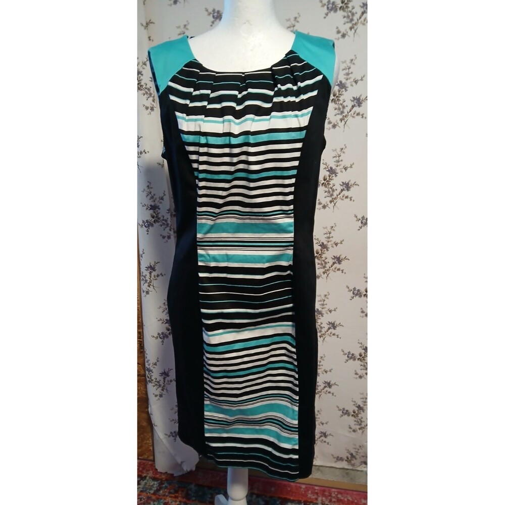 Spense Stripe Illusion Style Pleated Neckline Sleeveless Sheath Dress 8 NWOT